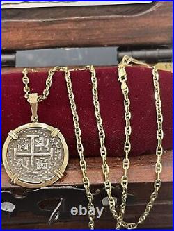 Gorgeous Atocha Coin Pendant In 14k Gold Bezel With 14k Solid Gold Chain 22