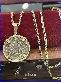 Gorgeous Atocha Coin Pendant In 14k Gold Bezel With 14k Solid Gold Chain 22