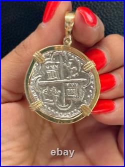 Gorgeous Atocha Solid Silver Solid Coin Pendant In 14k Solid Gold Bezel