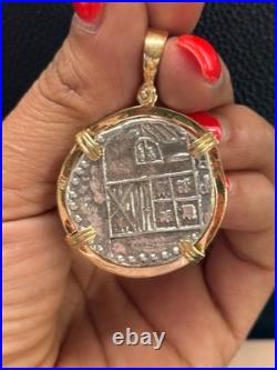Gorgeous Atocha Solid Silver Solid Coin Pendant In 14k Solid Gold Bezel