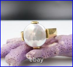 Gorgeous Solid 22k Gold Iridescent White Freshwater Coin Pearl Ring 7.25 Exotic
