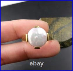 Gorgeous Solid 22k Gold Iridescent White Freshwater Coin Pearl Ring 7.25 Exotic