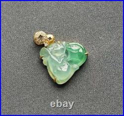 Grade A Jadeite Jade Carved Rat Hugs Coin Pendant in Solid 18K Yellow Gold