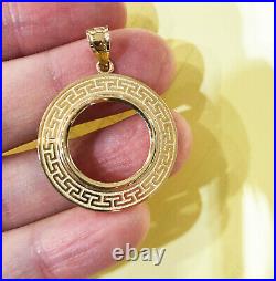 Greek Key 14k solid Yellow gold Prong Coin Bezel Frame 50 Mexican Pesos #1