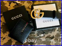 Gucci Men Bifold Wallet & Gucci GG Belt Genuine Gold Buckle Black Leather
