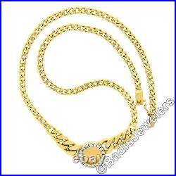Italian 18K Gold Dos Pesos Coin Diamond Frame Graduated Cuban Curb Link Necklace