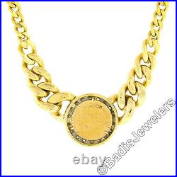 Italian 18K Gold Dos Pesos Coin Diamond Frame Graduated Cuban Curb Link Necklace