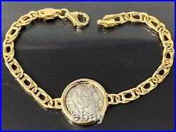 Italian 18K Solid Yellow Gold With Greek Coin Chain Bracelet 17cm Long