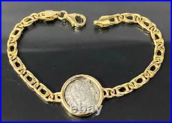 Italian 18K Solid Yellow Gold With Greek Coin Chain Bracelet 17cm Long