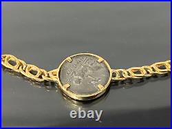 Italian 18K Solid Yellow Gold With Greek Coin Chain Bracelet 17cm Long