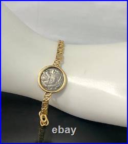 Italian 18K Solid Yellow Gold With Greek Coin Chain Bracelet 17cm Long