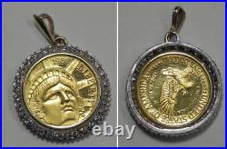 J1201 Estate 14K Solid WG Bezel withDiamond Halo & 1986 Statue Liberty $5 Pendant