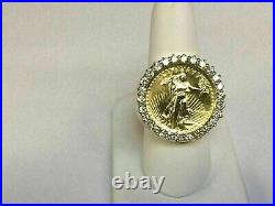 LIBERTY COIN Lab Created Diamond Men's Ring Solid Real 14K Yellow Gold