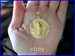 L@@K Shiny Solid 14K Yellow GOLD MEDALLION PENDANT Lady of Guadalupe St. Mary