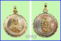 L@@K Solid 14K 3-Color GOLD 2-sided MEDALLION PENDANT Lady of Guadalupe & Jesus