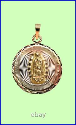 L@@K Solid 14K 3-Color GOLD 2-sided MEDALLION PENDANT Lady of Guadalupe & Jesus