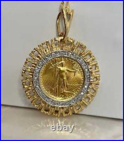 Liberty Coin mounted Solid 14k Yellow Gold Double Row Coin Pendant Lab Created