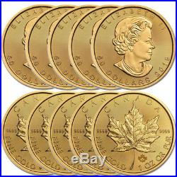 Lot of 10 Gold 2019 Maple 1 oz Canadian Gold Maple Leaf $50.9999 Fine coins