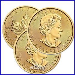 Lot of 3 Canadian 1 oz. Gold Maple Leaf. 9999 fine Random Year 1oz RCM $50 Coins
