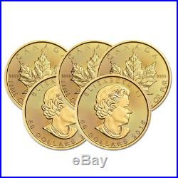 Lot of 5 Canadian 1 oz. Gold Maple Leaf. 9999 fine Random Year 1oz RCM $50 Coins