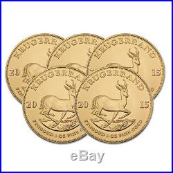 Lot of 5 Gold 1 oz South African Krugerrand Gold Random Year 1 oz Gold Coins
