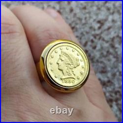 MEN'S Solid Liberty Coin Wedding Band Ring 14K Yellow Gold Plated