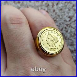 MEN'S Solid Liberty Coin Wedding Band Ring 14K Yellow Gold Plated