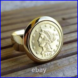 MEN'S Solid Liberty Coin Wedding Band Ring 14K Yellow Gold Plated