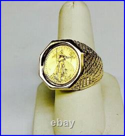 Men's Coin American Eagle Ring with Vintage Solid Real 14K Yellow Gold Finish