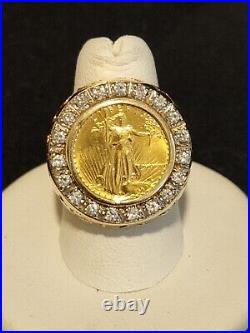 Men's Ring LIBERTY COIN Lab Created Diamond Solid Real 14K Yellow Gold