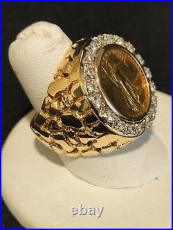 Men's Ring LIBERTY COIN Lab Created Diamond Solid Real 14K Yellow Gold