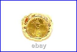 Men's Vintage Ring American Eagle Gold Coin Solid Real 14K Yellow Gold Silver