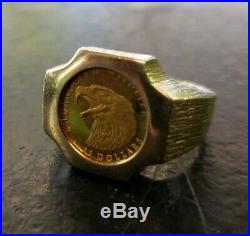 Mens Solid Gold 25 Dollar Cook Islands Bald Eagle Coin 10k Band Indian Size 10.5