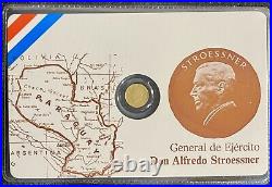 Miniature solid GOLD Coins 8k Plastic Holder. Paraguay? Alfredo Stroessner