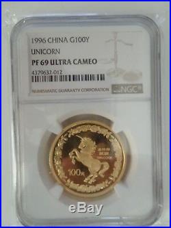 Münze Gold Coin Unicorn China PF 69 Ultra Cameo 1996 China G100Y 1 Unze Oz NGC
