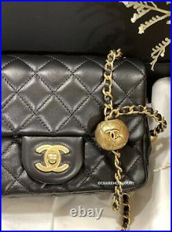 NWT! 21C Chanel Black Square Mini Gold Pearl Crush Ball GHW Flap Bag