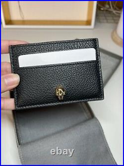 NWT Alexander McQueen Gold Skull Crystal Black Leather Card Case Holder
