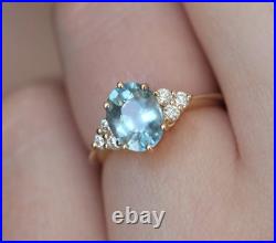 Natural Blue Topaz Gemstone Ring Solid 14K Gold Diamond Jewelry Gift For Love