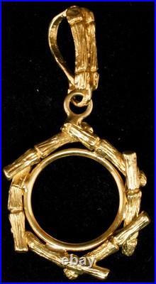 New 14K Solid China $1 type I & Mex 2 Peso Gold 4 Prong Bamboo Coin Bezel Frame
