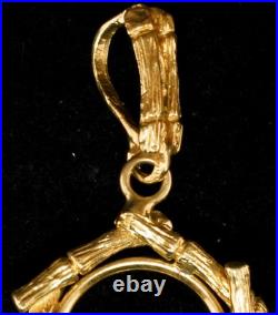 New 14K Solid China $1 type I & Mex 2 Peso Gold 4 Prong Bamboo Coin Bezel Frame