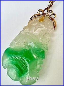 New 14k Solid Yellow Gold Natural Green Jade Pendant Lucky Guanyin Buddha 22.1g