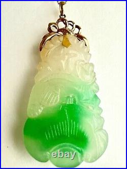 New 14k Solid Yellow Gold Natural Green Jade Pendant Lucky Guanyin Buddha 22.1g