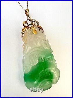 New 14k Solid Yellow Gold Natural Green Jade Pendant Lucky Guanyin Buddha 22.1g