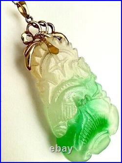 New 14k Solid Yellow Gold Natural Green Jade Pendant Lucky Guanyin Buddha 22.1g