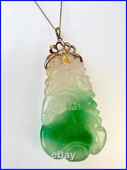 New 14k Solid Yellow Gold Natural Green Jade Pendant Lucky Guanyin Buddha 22.1g