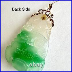 New 14k Solid Yellow Gold Natural Green Jade Pendant Lucky Guanyin Buddha 22.1g