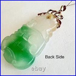 New 14k Solid Yellow Gold Natural Green Jade Pendant Lucky Guanyin Buddha 22.1g