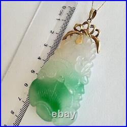 New 14k Solid Yellow Gold Natural Green Jade Pendant Lucky Guanyin Buddha 22.1g