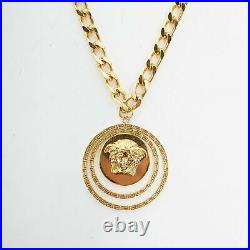 New VERSACE gold tone nickel Medusa halo medallion coin chunky long necklace
