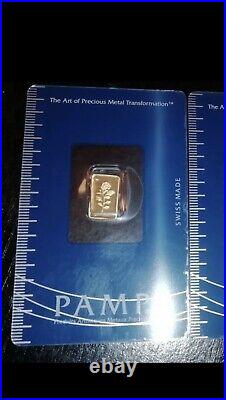 PAMP Suisse Rosa 1 gram. 9999 Gold Bar Sealed Assay Card & 14K Bezel Pendant NEW